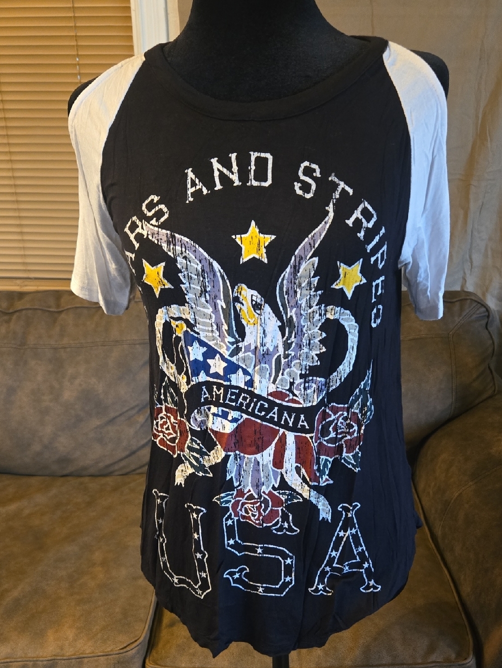 Womens Black & White Americana Graphic Raglan Tee
